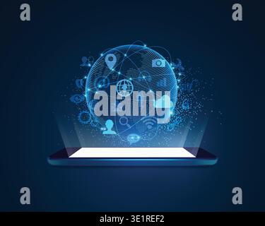 concept of global network or communication world, graphic of mobile with digital globe and technology icons Stock Vector