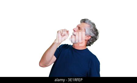 Older man gesturing to sing in slow motion against transparent background Stock Photo