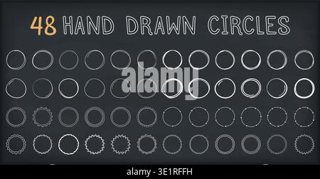 48 Hand drawn circles on dark background, round shapes and objects, doodle style, vector eps10 illustration Stock Vector