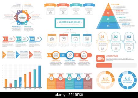 Infographic elements - circle diagram, timeline, flowchart, steps and options, bar graph, pyramid chart, vector eps10 illustration Stock Vector