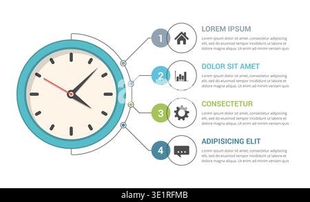 Infographic template with clock and four elements with icons, numbers and text, vector eps10 illustration Stock Vector