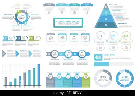 Infographic elements - circle diagram, timeline, flowchart, steps and options, bar graph, pyramid chart, vector eps10 illustration Stock Vector