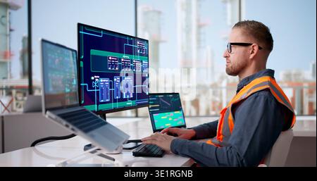 Industrial Engineer Oversees Automated Gas Network With IoT And Computer Technology For Optimal Safety And Performance Stock Photo