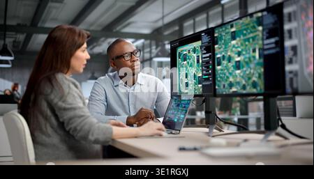 Young Engineer And Developer Collaborate On Electronic PCB Design At Office. Two Managers Coaching Team Stock Photo