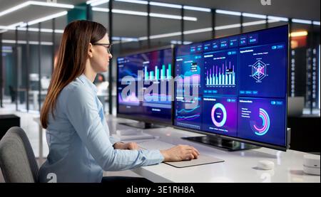 Financial Analyst Examining Interactive Dashboard In Contemporary Workspace Stock Photo