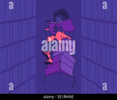Reading Book Girl On Hight Books Stack. Library Reading Room Cartoon Outline Violet Illustration Stock Vector