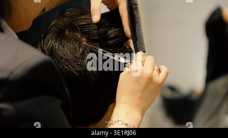 Barber cutting hair using precision scissors in salon Stock Photo