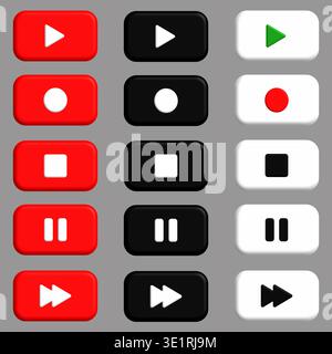 3D transport buttons set for media player interface, play, stop, pause, record and fast forward icons in red, black and white colors, UI UX design ele Stock Vector