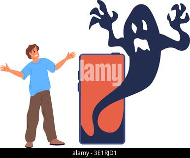Young man with frightened expression on his face looks at monster on phone. Spooky boogeyman shadow. Scared smartphone user. Afraid of ghost shade Stock Vector