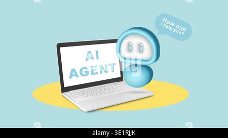 AI agent offers help with a laptop on a blue background during a digital interaction Stock Photo