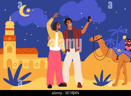 Young couple in love takes photo against backdrop of oriental city at night. Tourists posing and making selfie on camera of phone. Travelers Stock Vector