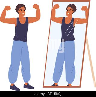 Young athletic man shows off his muscles in reflection of large mirror. Muscular body. Sportsman posing or looking at appearance. Happy bodybuilder Stock Vector