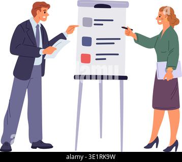 Two businesspeople. Man and woman checking list of tasks to be completed. Business people standing at whiteboard. Project discussion. Goals deadline Stock Vector