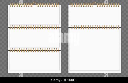 Realistic template for tear off or flip calendar on transparent background. Organizer sheets. Notepaper with ring binder. Pinned notepad at wall Stock Vector