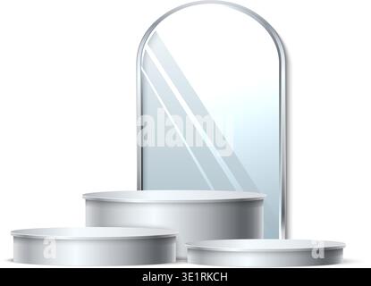 Realistic silver podium with arched mirror in background. Metal cylinder platform. 3D stage showcase. Exhibition stand. Vector mockup pedestal for Stock Vector