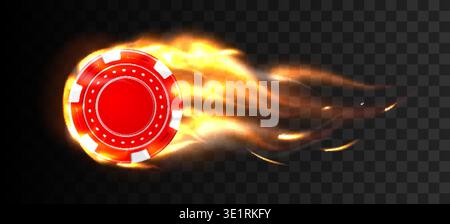 Realistic red casino chip on fire. Gambling coin in flame. Vegas winning isolated token in transparent background. Blazing bet circle flight. Vector Stock Vector
