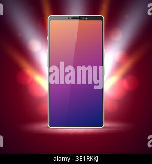 Realistic presentation of mobile phone. 3D device show. Smartphone marketing. Bokeh light glow. Blank screen. Gadget touchscreen. Vector template for Stock Vector