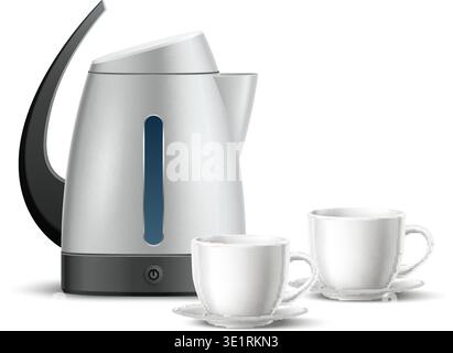 Realistic electric kettle and two white porcelain tea cups insulated on white background. Metal teapot. Household appliance. Kitchen equipment Stock Vector