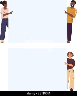 Men and women peek out from behind blank poster and point fingers. Advertising template or announcement People holding information placard. Business Stock Vector