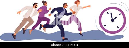 Men and women chase after clock. Time management. Missed deadlines. Businessmen running for timepiece. Watch dial. Business colleagues rival run Stock Vector