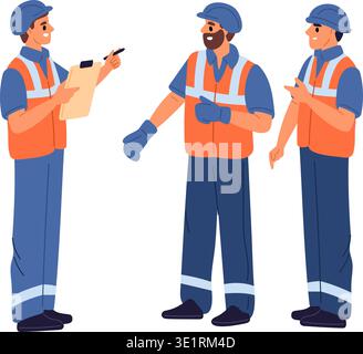 Male engineer or foreman gives instructions to construction workers. People communication. Builders discussion. Architecture engineering project Stock Vector