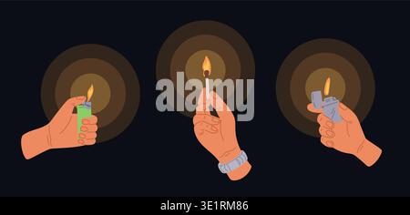 Hands holding burning metal and plastic lighter and match on dark background. Fire glow. Flame shine in arms. Darkness lighting. Flammable equipment Stock Vector