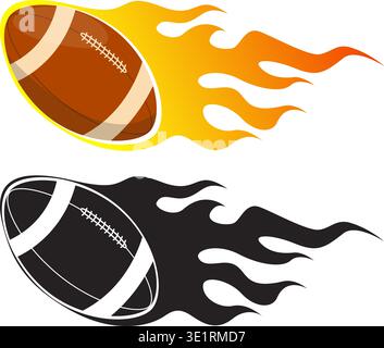 Flying American football in tongues of flame and fire. Fiery tournament. Speed shot. Fast goal. Game competition. Ignition heat. Rugby black Stock Vector
