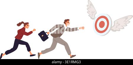 Businessmen and businesswomen chase after elusive goal. Flying target with wings. People running and reaching for business success. Motivation Stock Vector