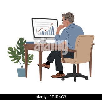 Business Man sits at desk, analyzing graph Stock Vector