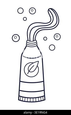 Tube of toothpaste with the paste squeezed out and bubbles outline illustration. Toothpaste isolated on white background. Oral hygiene concept. Dental cleaning cosmetic. Line art Vector Stock Vector