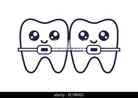 Braces Teeth kawaii characters outline illustration. Alignment of Bite of Teeth. Vector line art icon isolated. Manga style coloring page Stock Vector