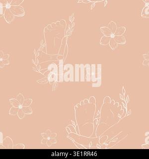 Vector seamless pattern. Parent holding in the hands feet of newborn baby. Hand painted linear contour illustration, delicate twig with leaves Stock Vector