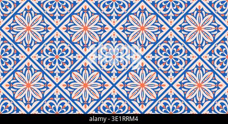 Mediterranean seamless pattern with blue ceramic tiles. Portuguese floral ornament for mosaic background design. Geometric geometric azulejo vintage Stock Vector