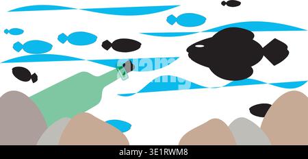 Plastic waste bottle lies on ocean floor as fish swim nearby in polluted dark water scene Stock Vector