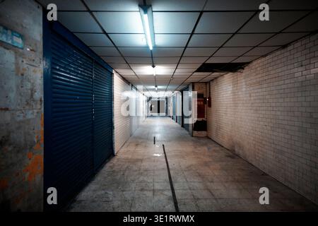 Empty hallway of an Taipei apartment block with closed blue metal shutters, worn brick walls, and cold fluorescent lights highlighting urban decay. Stock Photo