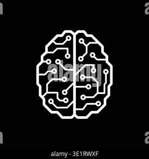 Artificial intelligence White circuit pattern overlays brain silhouette. Black background creates sharp, modern contrast. Design symbolizes artificial Stock Vector