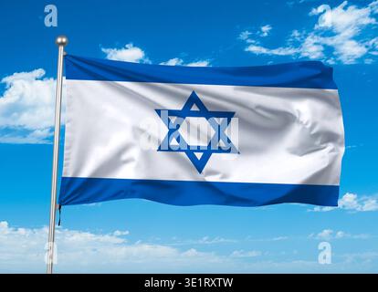 Flag of Israel waving in the blue sky. Stock Photo
