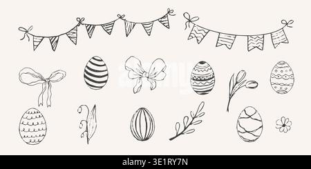 Easter whimsical hand drawn eggs set. Coquette sketch hand drawn textured spring festive decoration. Floral scribble ornament,. Vector illustration Stock Vector