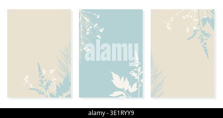Set of minimalist wedding invitation templates with delicate botanical plant silhouettes and pastel floral elements on beige and blue backgrounds. Vec Stock Vector
