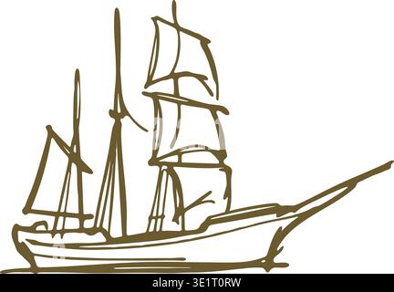 Detailed line illustration of a sailing ship in side view with multiple masts raised sails and long hull. Stock Vector