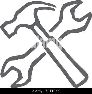 Bold line illustration of two open end wrenches crossed diagonally to form a simple tool emblem. Stock Vector
