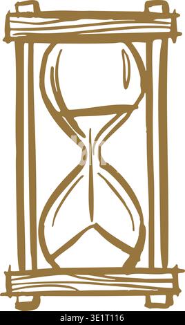Detailed line illustration of a wooden framed hourglass with sand flowing between upper and lower glass chambers. Stock Vector