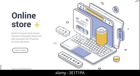 Isometric online store banner template. Vector illustration of e-commerce and shopping on a laptop. Modern concept for a website landing page or digit Stock Vector