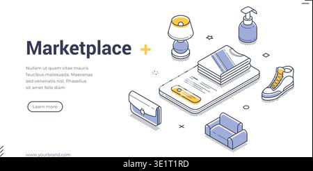 Isometric marketplace banner template. Vector illustration for an online store and e-commerce platform. Modern concept for digital retail and consumer Stock Vector