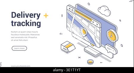 Isometric vector illustration for a delivery tracking online service. Global logistics and parcel monitoring concept. Modern outline banner and web pa Stock Vector