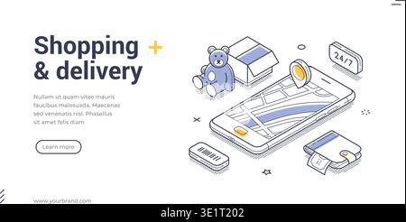 Isometric shopping and delivery banner template. Vector illustration of online order tracking via mobile app. Modern concept for e-commerce and logist Stock Vector