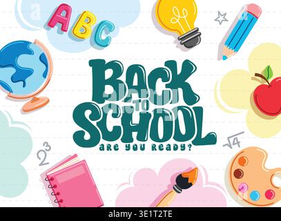 Back to School greeting clipart border design. Back to School greeting text in broken line space clip art with colorful school elements like globe Stock Vector