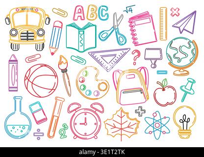 School Elements outline clipart set. Colorful School Elements flat drawing icon clip art like school bus, backpack, globe, ruler, watercolor, bulb Stock Vector