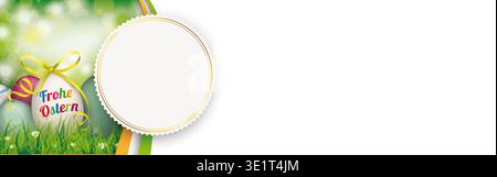 Frohe Ostern Easter Eggs Flyer Emblem Banner German text Frohe Ostern, translate Happy Easter. Stock Photo