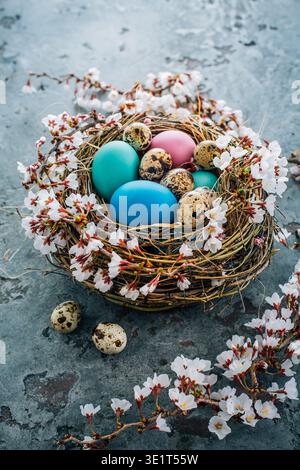 Colorful Easter eggs in a nest with flowering branch Stock Photo